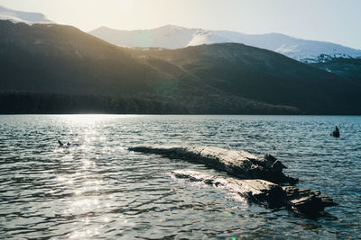 Scenic view of lake and mountains against sky