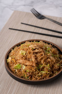 High angle view of rice in bowl on table