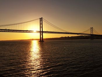 Silhouette of suspension bridge at sunset