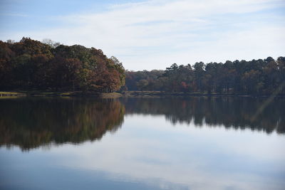 Scenic view of lake by trees against sky