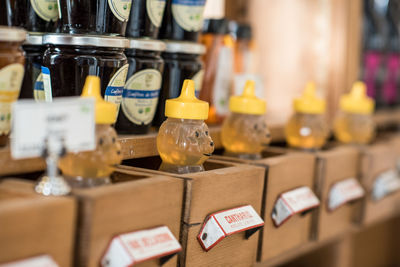 Close-up of bottles for sale in store