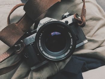 Close-up of camera on fabric