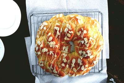 High angle view of bread in plate on table