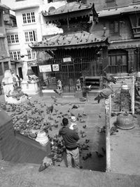 High angle view of man with child standing by pigeons in buddhist temple