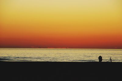 Silhouette man standing on beach against clear sky during sunset