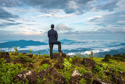 Rear view of man looking at mountain against sky