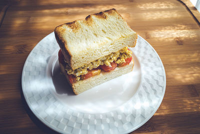 High angle view of breakfast served on table