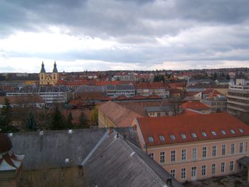 High angle view of buildings in city against sky