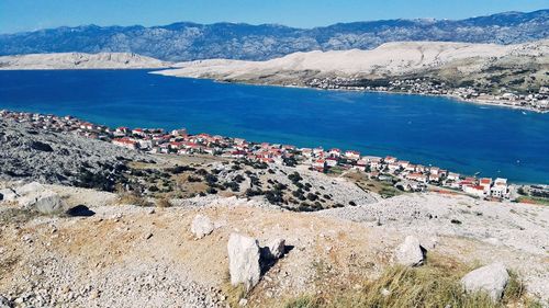 High angle view of sea and mountains