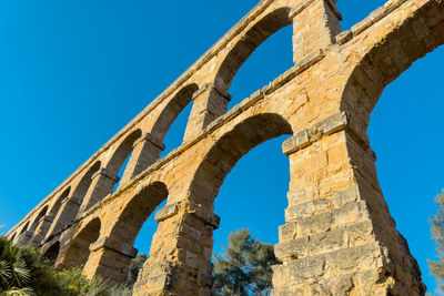 Low angle view of arch bridge against clear blue sky