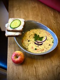 High angle view of breakfast on table