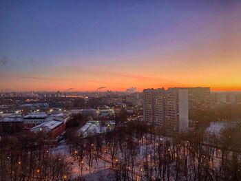 High angle view of city at dusk