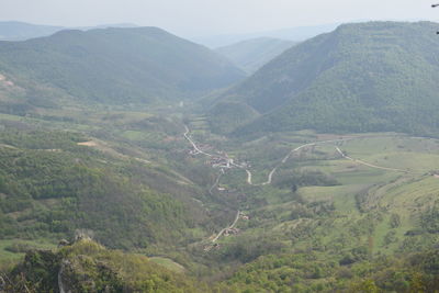 High angle view of landscape and mountains