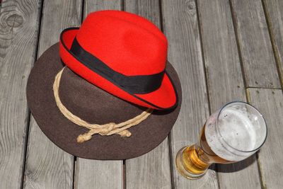 High angle view of beer in glass on table