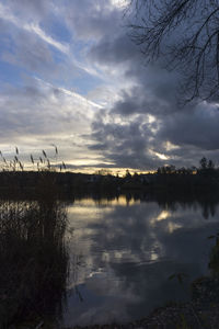 Scenic view of lake against sky at sunset