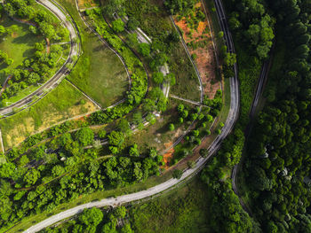 Aerial view of nature abstract with winding road and pond