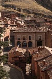 High angle view of old buildings in town