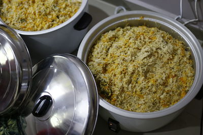 High angle view of food in bowl on table