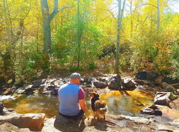 Rear view of woman with dog sitting on rock against trees
