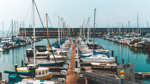 Sailboats moored at harbor
