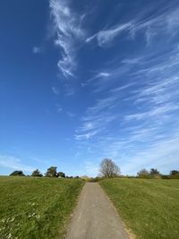 Empty road amidst field against sky