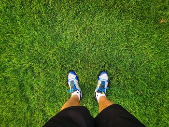 Low section of man standing on field