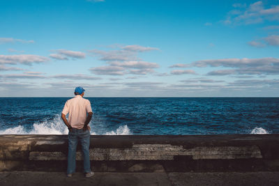 Rear view of man looking at sea against sky