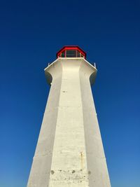 Low angle view of lighthouse against clear blue sky