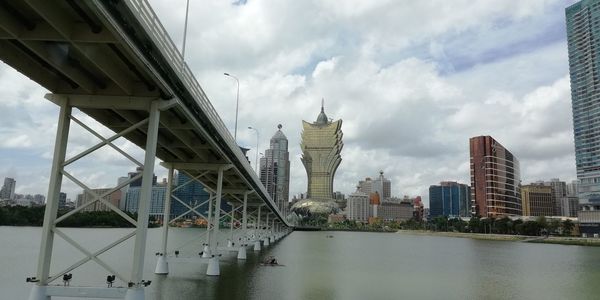 Bridge over river by buildings against sky in city