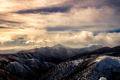 Scenic view of snowcapped mountains against sky during sunset