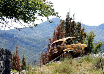 Abandoned car on mountain