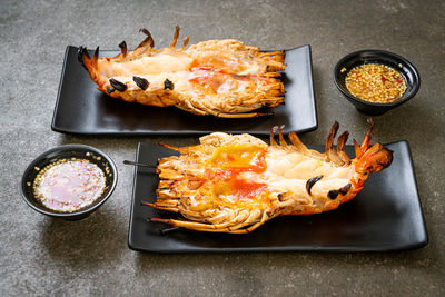 High angle view of seafood on table