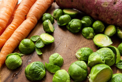 High angle view of chopped vegetables on table