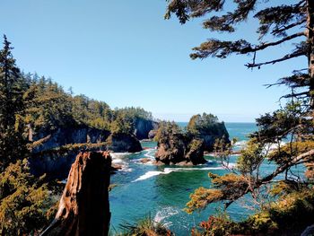 Scenic view of sea against clear blue sky