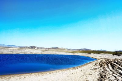 Scenic view of beach against clear blue sky