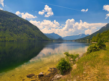 Scenic view of lake and mountains against sky