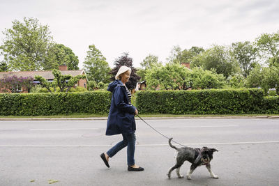 Woman with dog walking by plants against trees