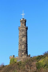 Low angle view of lighthouse against clear blue sky