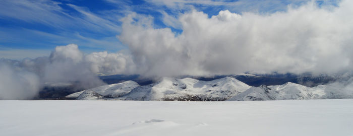 Panoramic view of snowcapped mountains against sky