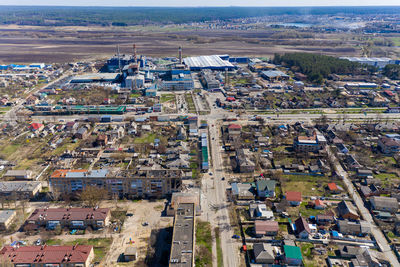 The aerial view of the destroyed and burnt buildings. the buildings were destroyed by rockets.