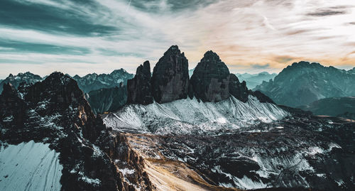 Panoramic view of snowcapped mountains against sky during sunset