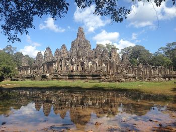 Reflection of temple in lake against cloudy sky