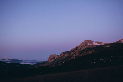 Scenic view of snowcapped mountains against clear blue sky