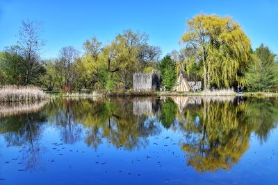 Reflection of trees in lake against sky