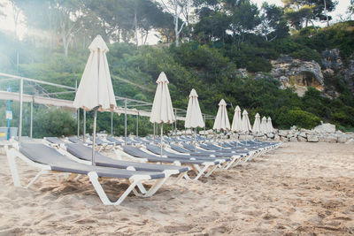 Scenic view to a chaise lounges and umbrellas on the sandy beach