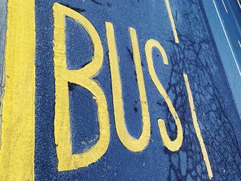 High angle view of bus text on road