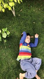 High angle view of boy on grassy field