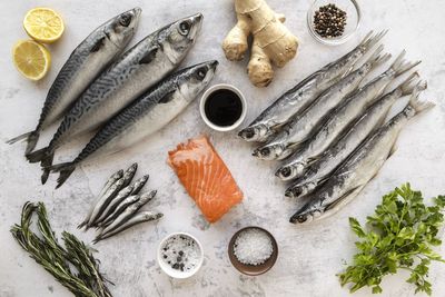 High angle view of seafood on table