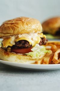 Close-up of burger in plate on table