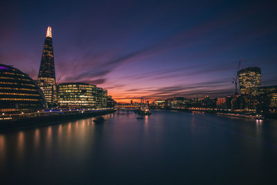 Shard london bridge by thames river in city at dusk